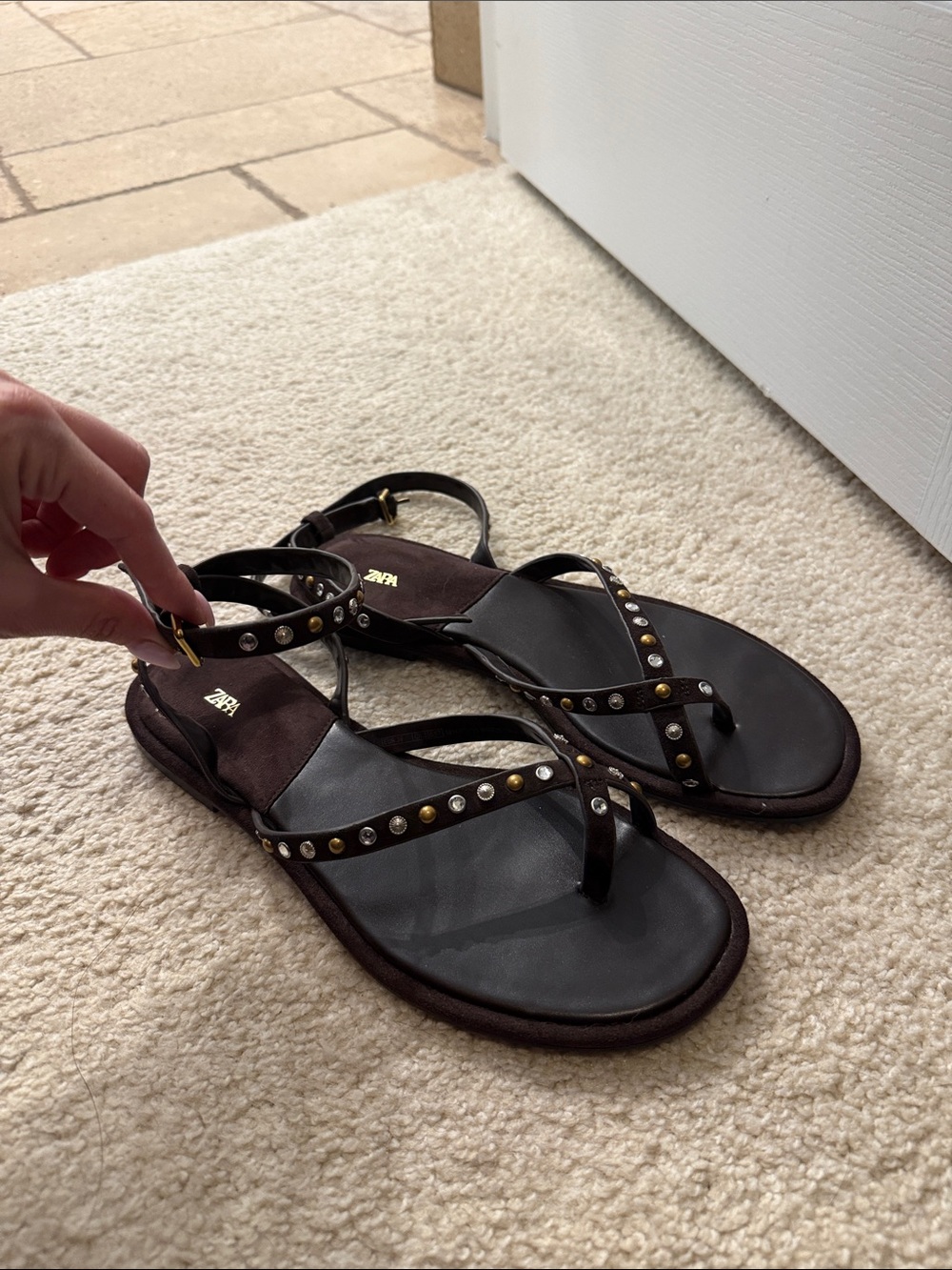 Zara Brown Studded Ankle-Strap Sandals